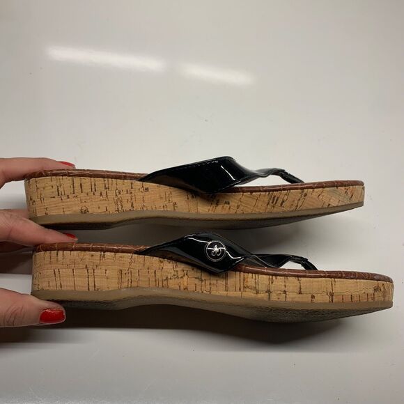 Sam Edelman Tanya Cork Wedge Sandals Women Size 6.5 Black Brown Thong Flip Flops - Picture 2 of 11